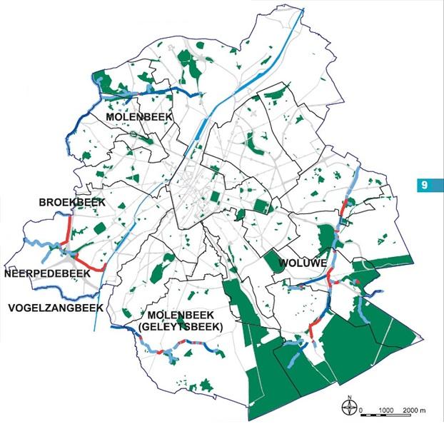 Figure 3 : Carte des sections voûtées des cours d’eau dans les vallées prioritaires du maillage bleu bruxellois Source : IBGE, (2010), Maillage vert et bleu, Bruxelles.