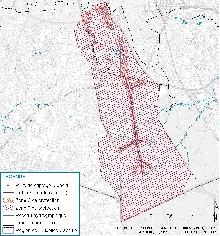 Figure 3: Captages et zones de protection associées. Source : Registre des zones protégées de la Région de Bruxelles-capitale en application de l’ordonnance cadre Eau. Bruxelles-Environnement, Division Eau, nature, avril 2009.