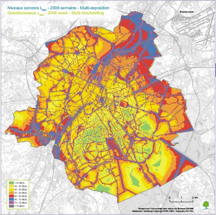 Cartographie du territoire bruxellois, mettant en évidence le niveau de nuisance sonore dû au traffic routier