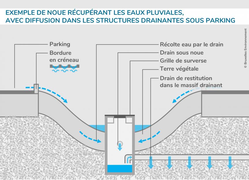 Exemple de noue récupérant les eaux pluviales,  avec diffusion dans les structure drainante sous parking