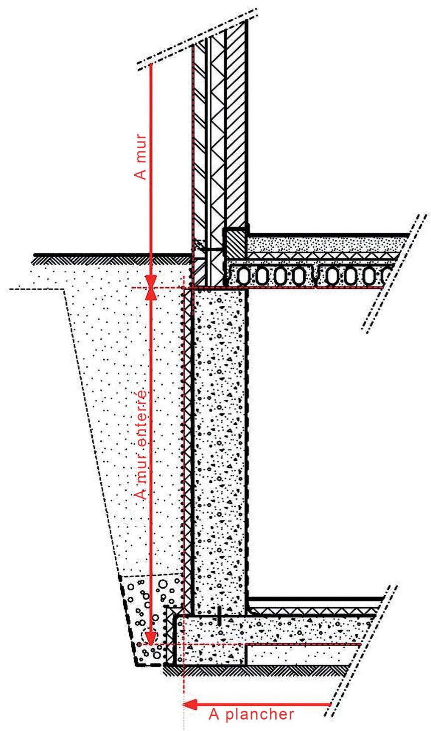 Exemple nœud constructif 2 : mur extérieur – mur enterré – dalle contre terre en présence d’une cave dans le volume protégé.