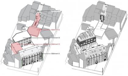 Situation existante (à gauche) et projetée (à droite) bâtiments déconstruits (en rouge)